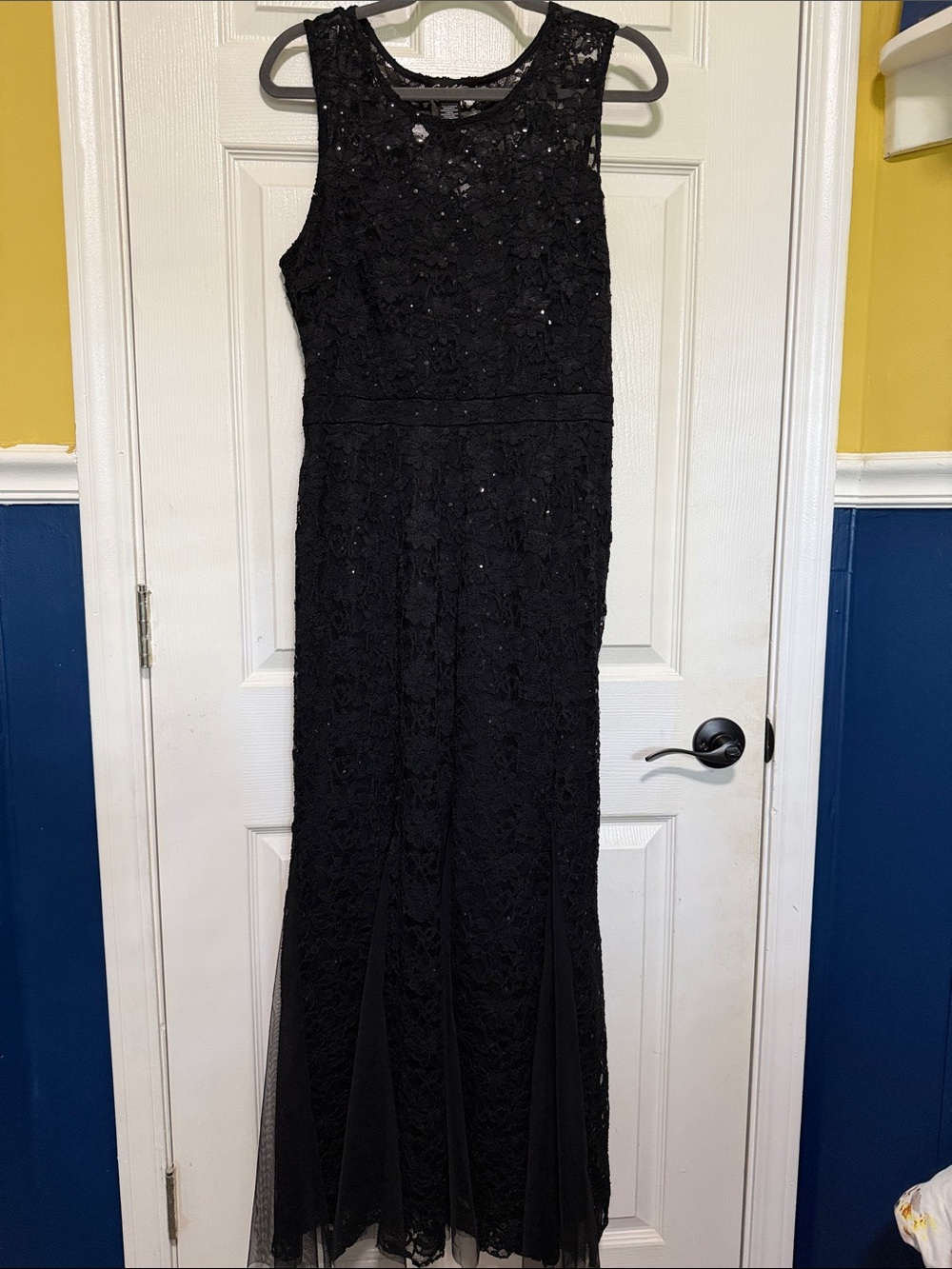 Sleeveless Black Lace Evening Gown with Sequin Detail